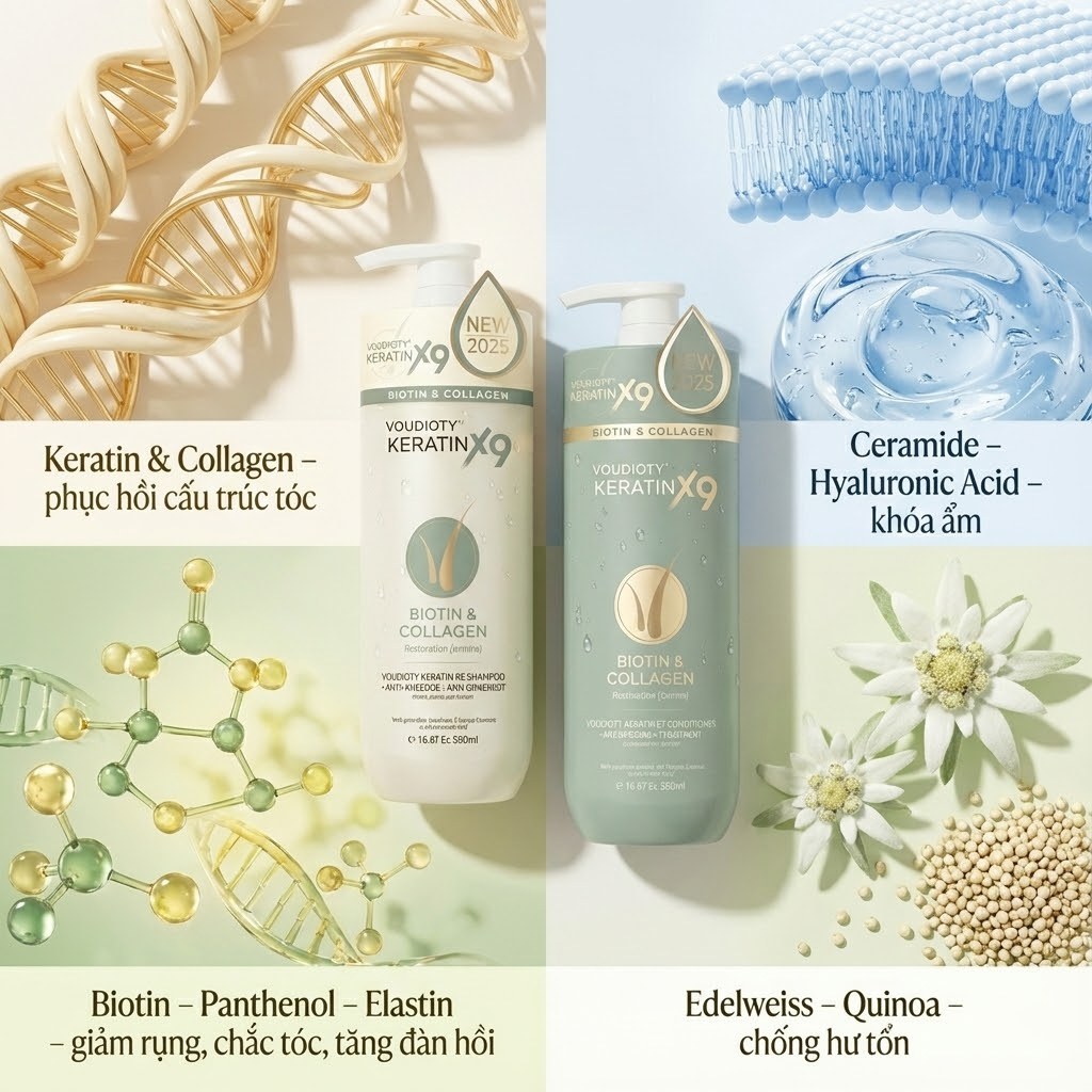 [ NEW 2025] Bộ Gội & Xả VOUDIOTY KERATIN X9 BIOTIN & COLLAGEN Strength Complex™ (500ml/chai)